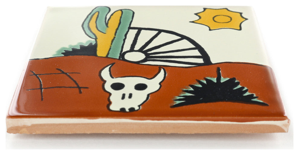 4.25"x4.25" Talavera Mexican Handmade Ceramic Tile, Cactus & Bull, Set of 90