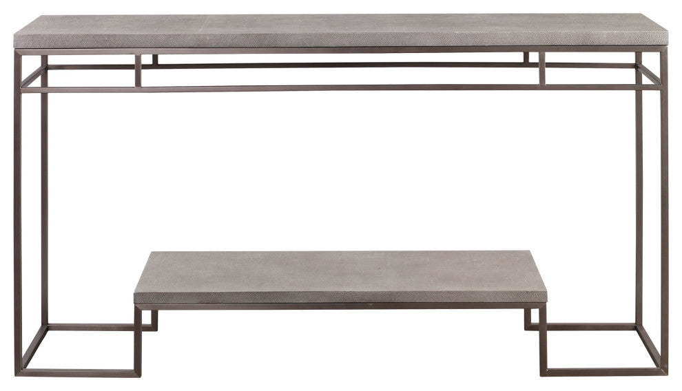 Elegant Modern Tiered Console Table Faux Shagreen Art Deco Open Shelf Minimalist
