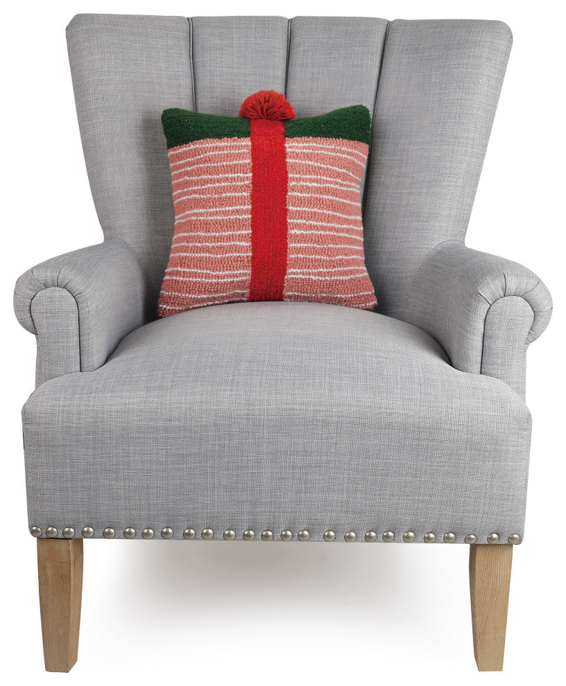 Pink Green Striped Gift W/Pom Pom Hook Pillow