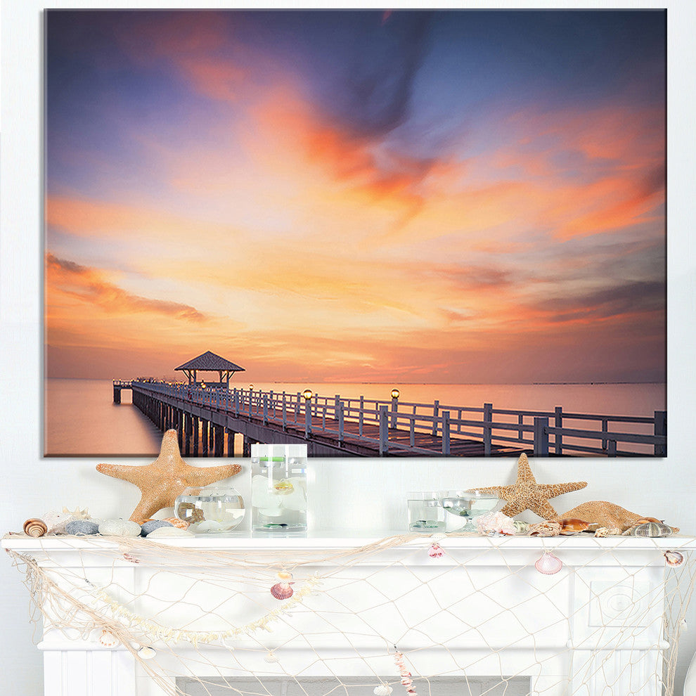 "Infinite Wooden Bridge Under Clouds" Sea Bridge Canvas Wall Artwork, 32"x16"