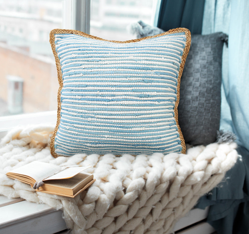 Bright Blue and White Striped Jute Bordered Throw Pillow