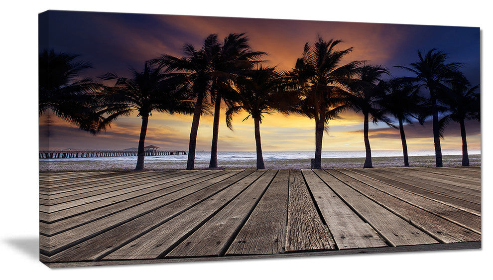 "Old Wood Terrace On Sea Beach" Modern Landscape Wall Art, 32"x16"