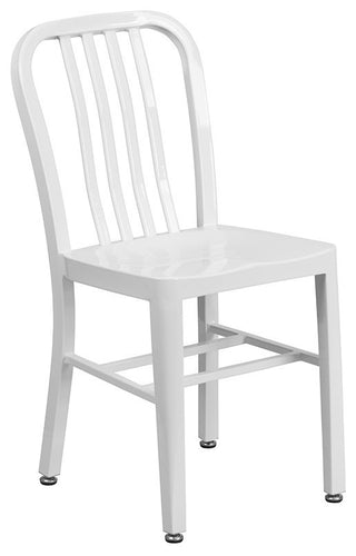 30" Round White Metal Indoor-Outdoor Table Set, 4 Vertical Slat Back Chairs