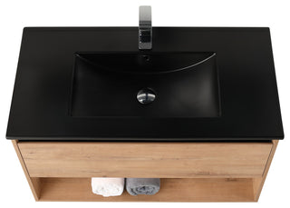 Wall Mounted Bathroom Vanity and Sink, Classic Oak, 36'' Ceramic Black