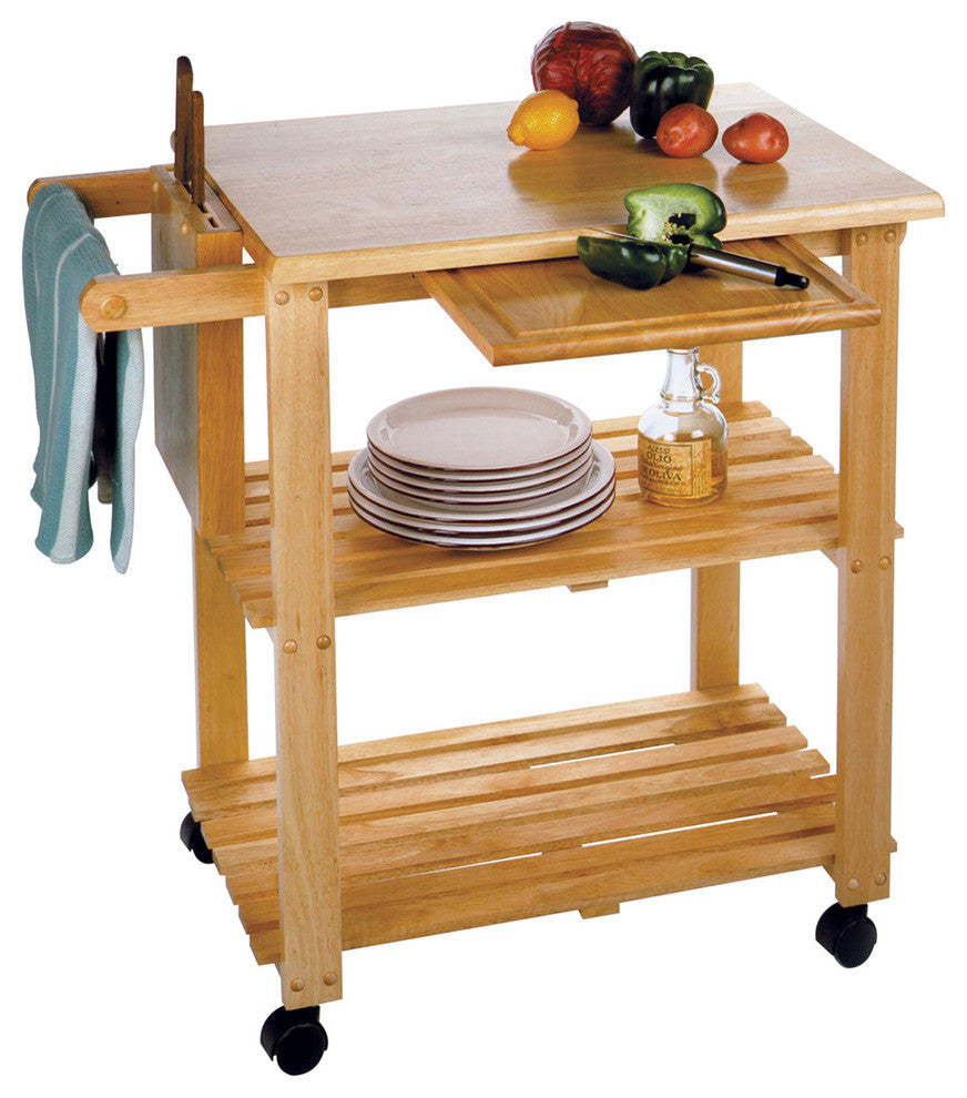 Kitchen Cart With Cutting Board, Knife Block And Shelves