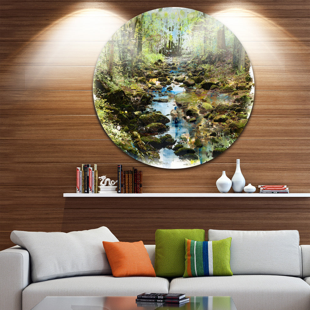 Stream In The Forest, Landscape Painting Round Wall Art, 11"