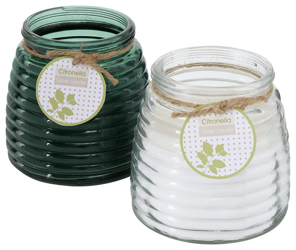 2 Piece Citronella Candle Set, Green and Clear Glass Pots