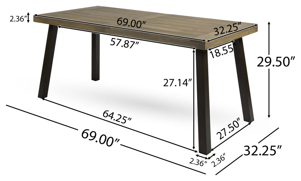 GDF Studio Mika Outdoor Finish Acacia Wood Dining Table With Metal Legs, Gray/Rustic Metal