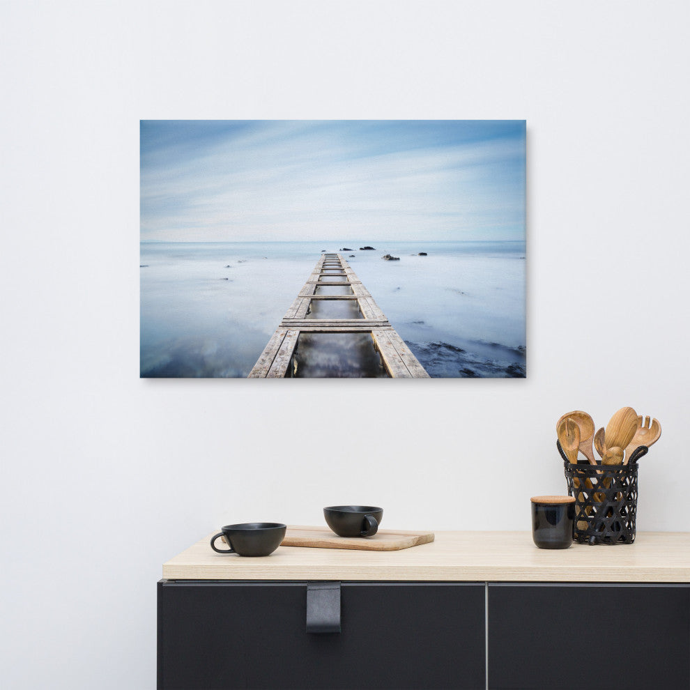 Moody Ocean and Sky Wooden Pier Landscape Photo Canvas Wall Art Prints, 24" X 36"