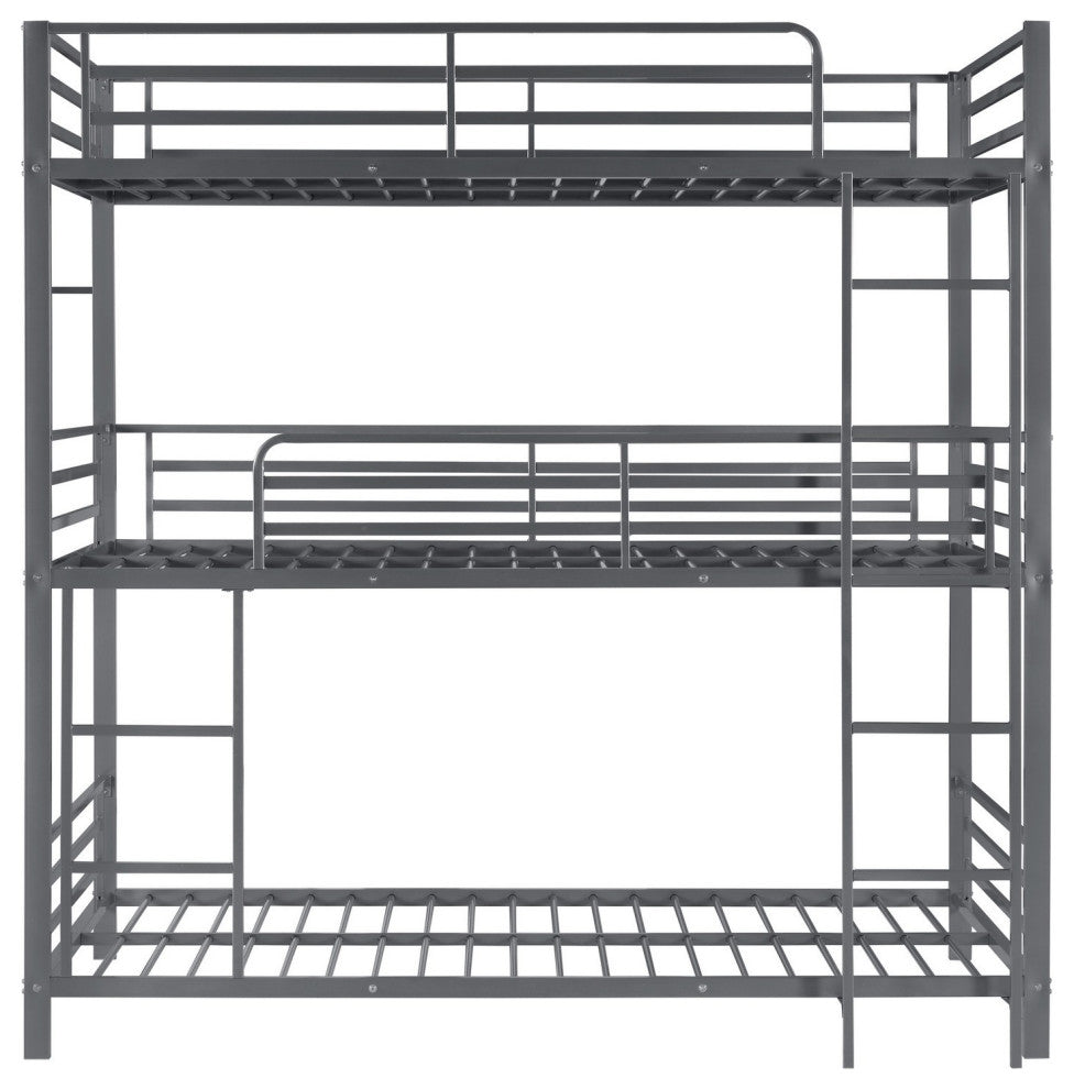 Benzara BM280344 Metal Twin Size Triple Bunk Bed, Ladder, Guard Rails, Silver