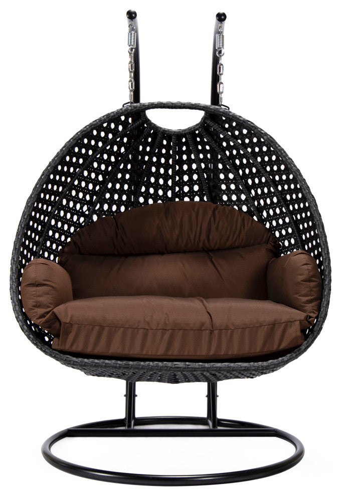 LeisureMod Mendoza Charcoal Wicker Hanging Double Egg Swing Chair, Brown