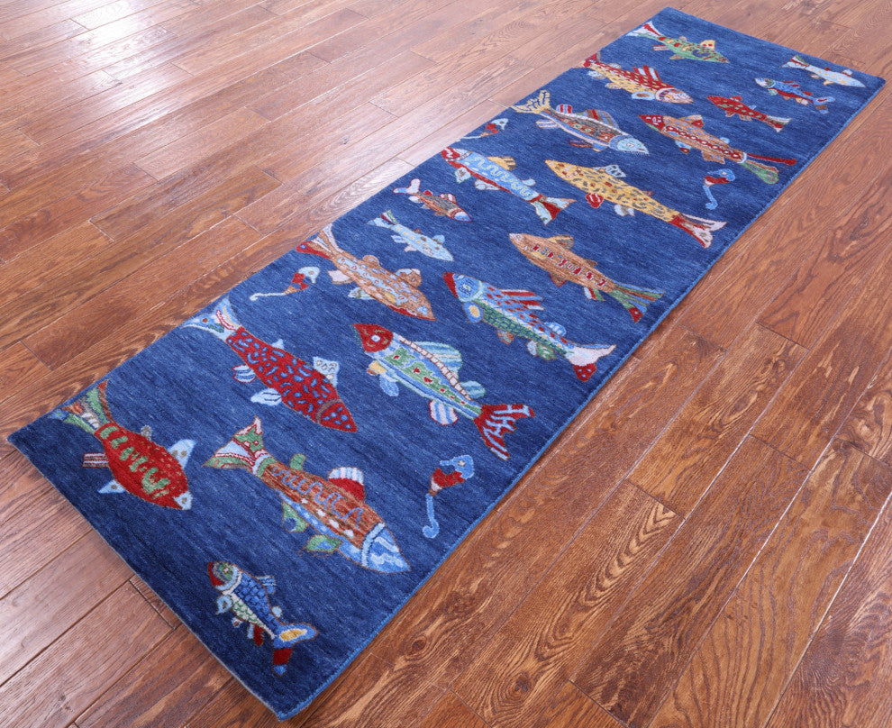 2' 7" X 8' 0" Runner Gabbeh Fish Design Handmade Wool Rug - Q15517