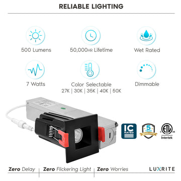 Luxrite 1" Square LED Recessed Light 7W 5CCT 500 Lumen Wet Rated Black