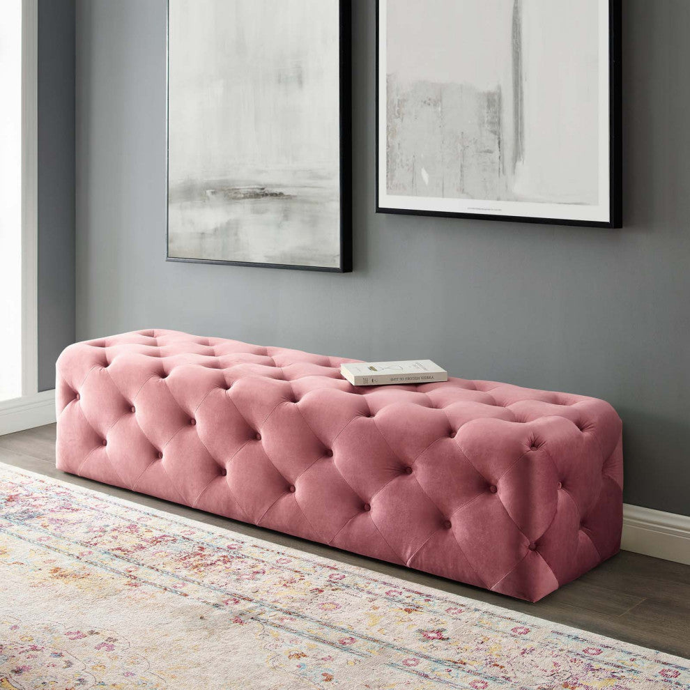 Tufted Accent Chair Bench, Velvet, Pink, Modern, Living Lounge Hotel Hospitality
