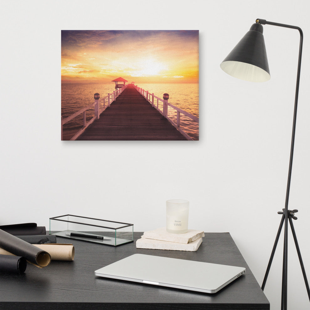 Surreal Wooden Pier at Sunset Landscape Photo Canvas Wall Art Prints, 16" X 20"