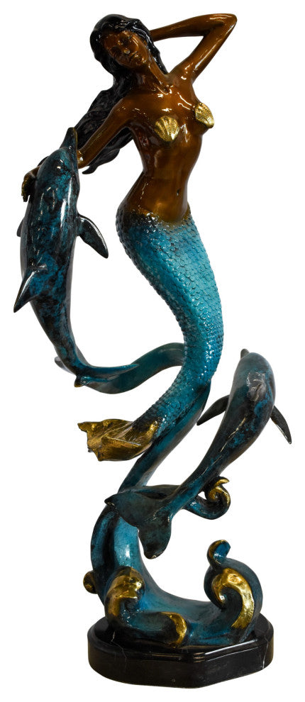 Graceful Mermaid and Two Dolphins Bronze Statue 13" x 9" x 31"H