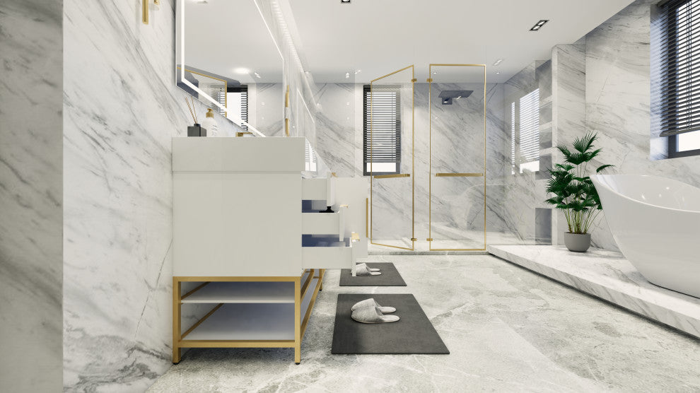 Madison 84" Free Standing Double Sink Vanity with Reinforced Acrylic Sink, High Gloss White