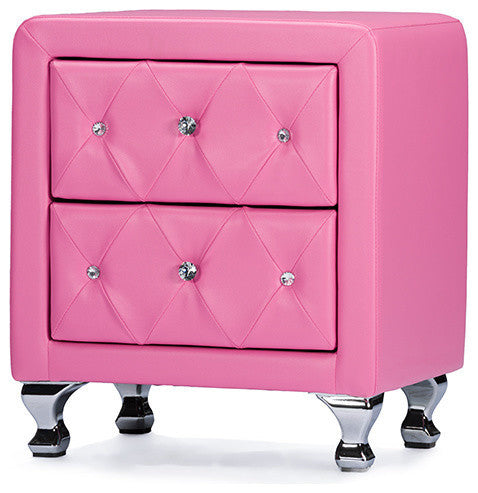 Stella Crystal Tufted Pink Leather Modern Nightstand