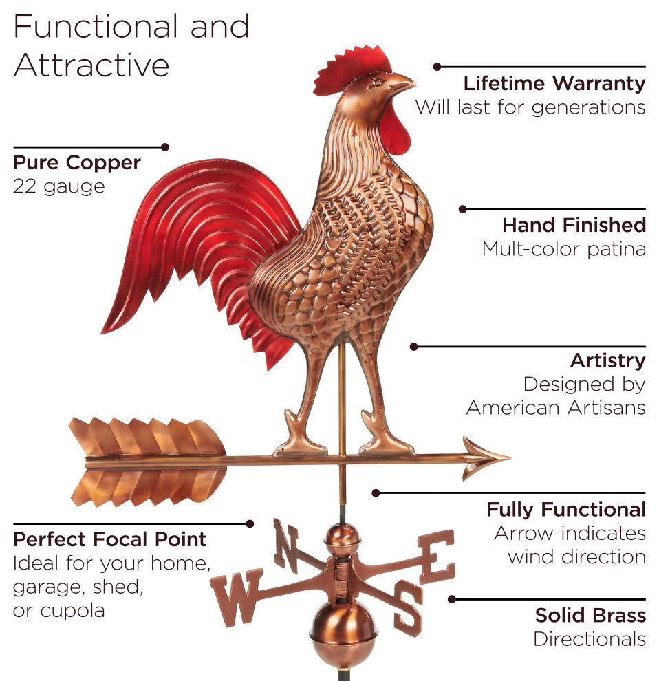 Large Rooster Weathervane Pure Copper Hand Finished Multi-Color Patina