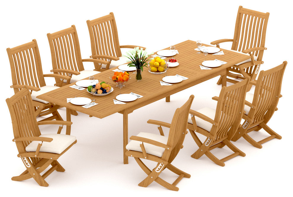 9-Piece Outdoor Teak Dining Set, 117" Rectangle Table, 8 Warwick Arm Chairs