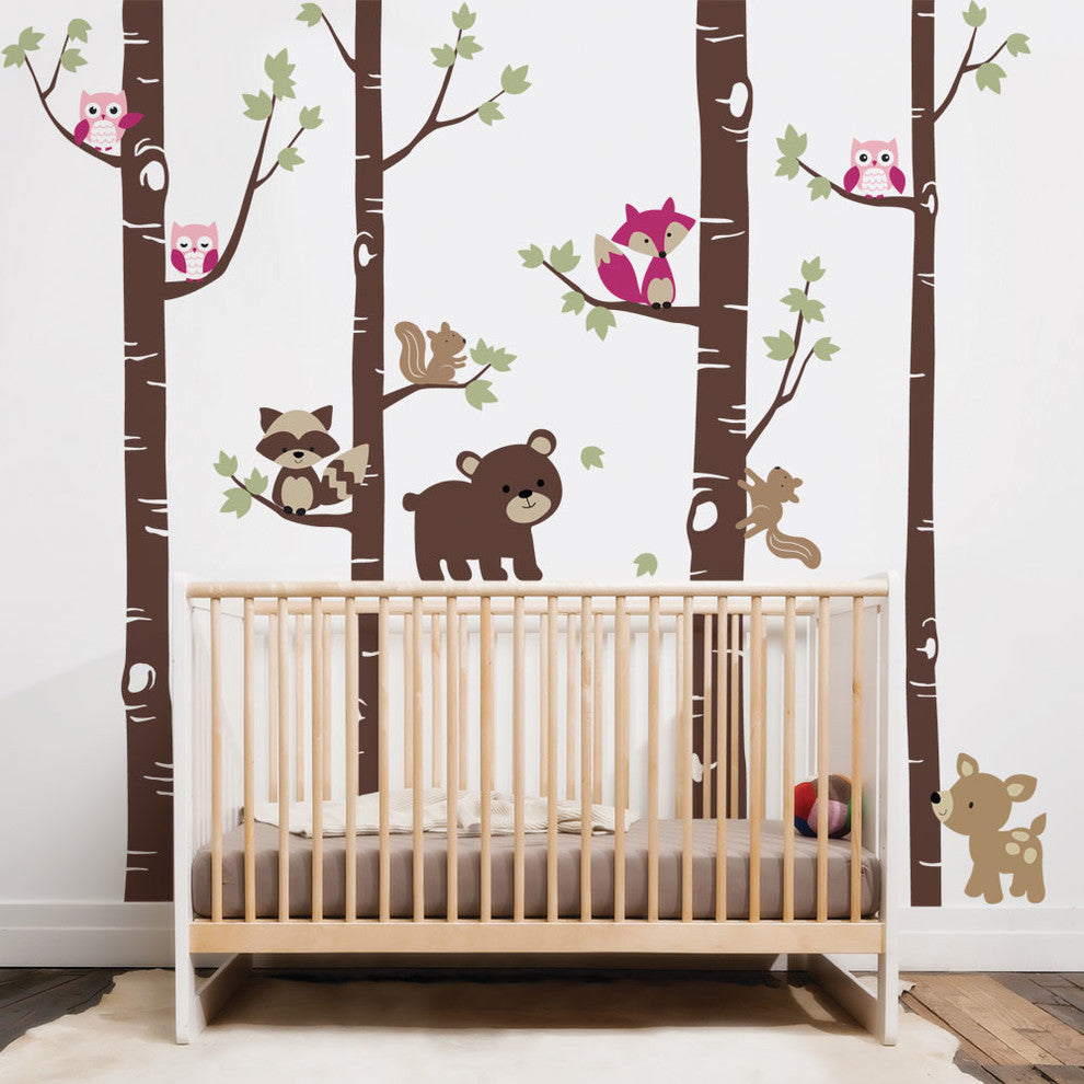 Birch Trees With Cute Forest Animals Wall Decal, Scheme C, 108" Tall Trees