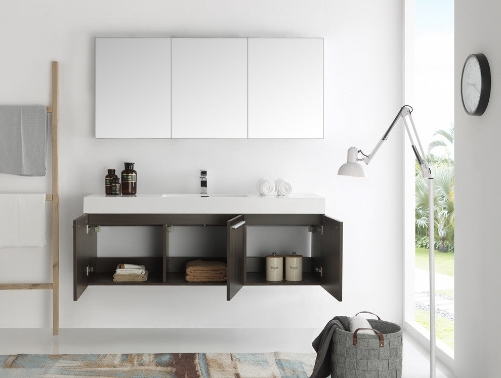 Vista 60" Gray Oak Wall Hung Single Sink Modern Bathroom Vanity, FFT1030CH
