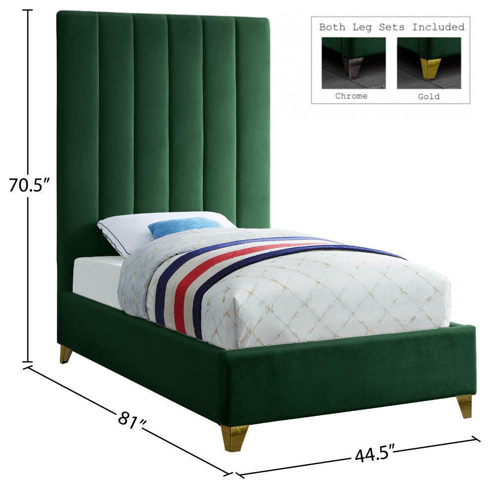 Via Velvet Upholstered Bed, Green, Twin
