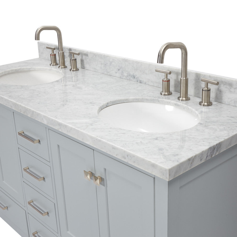 ARIEL Cambridge 61" Double Oval Sink Bathroom Vanity Grey With Marble Top