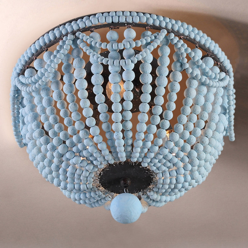 Kesarre Boho Wood Bead 3-Light Dome Shaped Flush Mount Ceiling Light, Blue