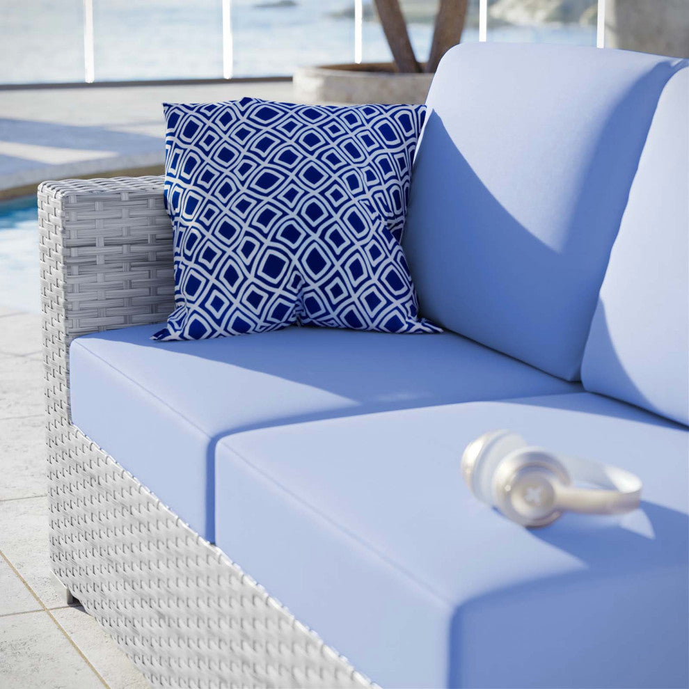 Lounge Loveseat Sofa, Rattan, Wicker, Gray Blue, Modern, Outdoor Patio Cafe