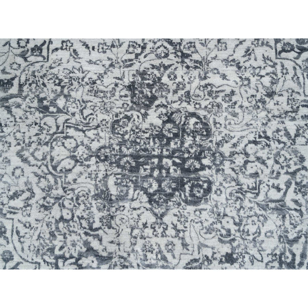 Gray Wool and Silk Hand Knotted Erased Persian Design Oversized Rug 12'1"x15'1"