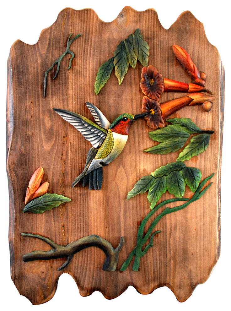 Hummingbird Hand Crafted Intarsia Wood Art Wall Hanging 17 X 21 X 2 Inches