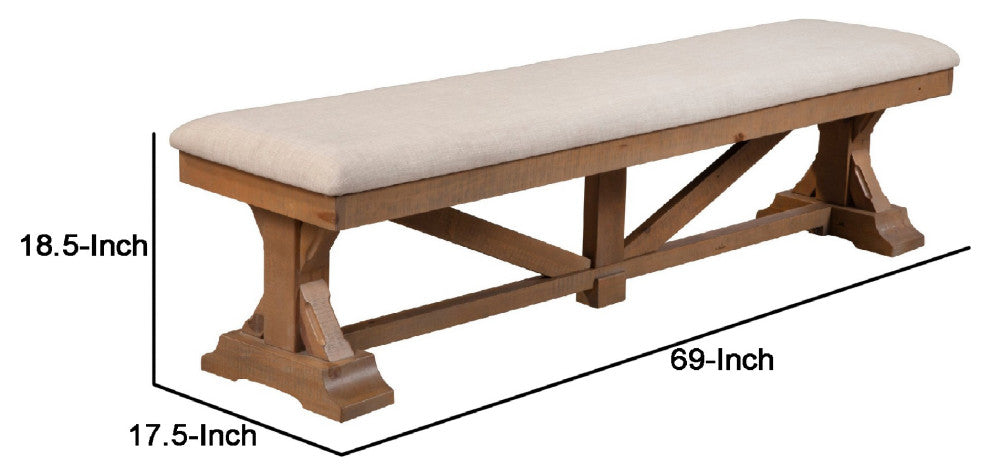 Benzara BM283851 69" Dining Accent Bench Beige Fabric Cushion, Pine Wood, Brown