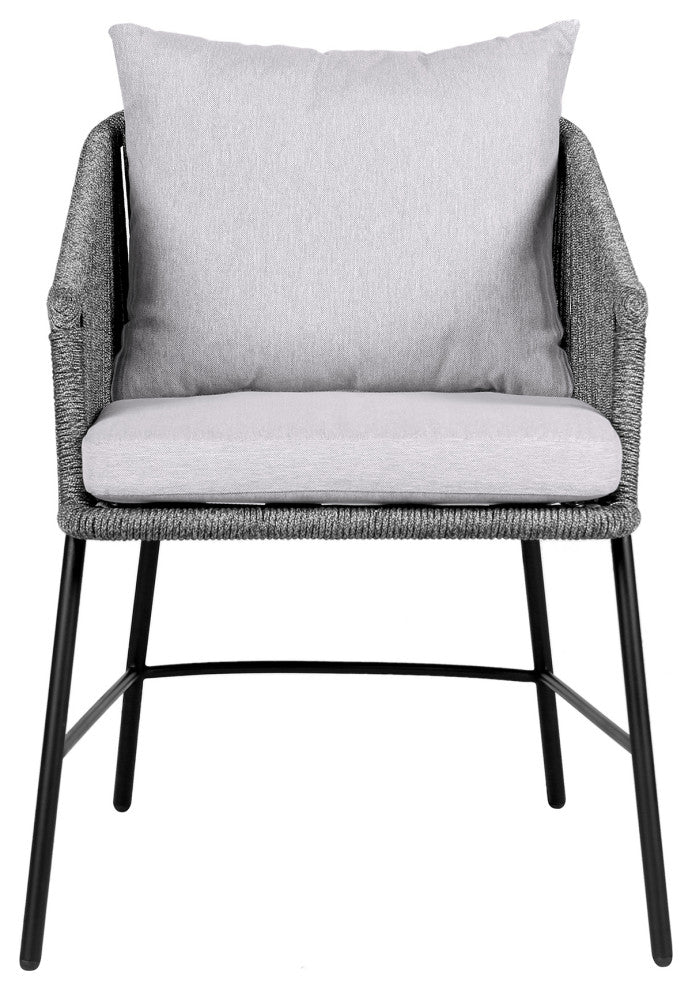 Calica Outdoor Patio Dining Chair, Black Metal And Gray Rope