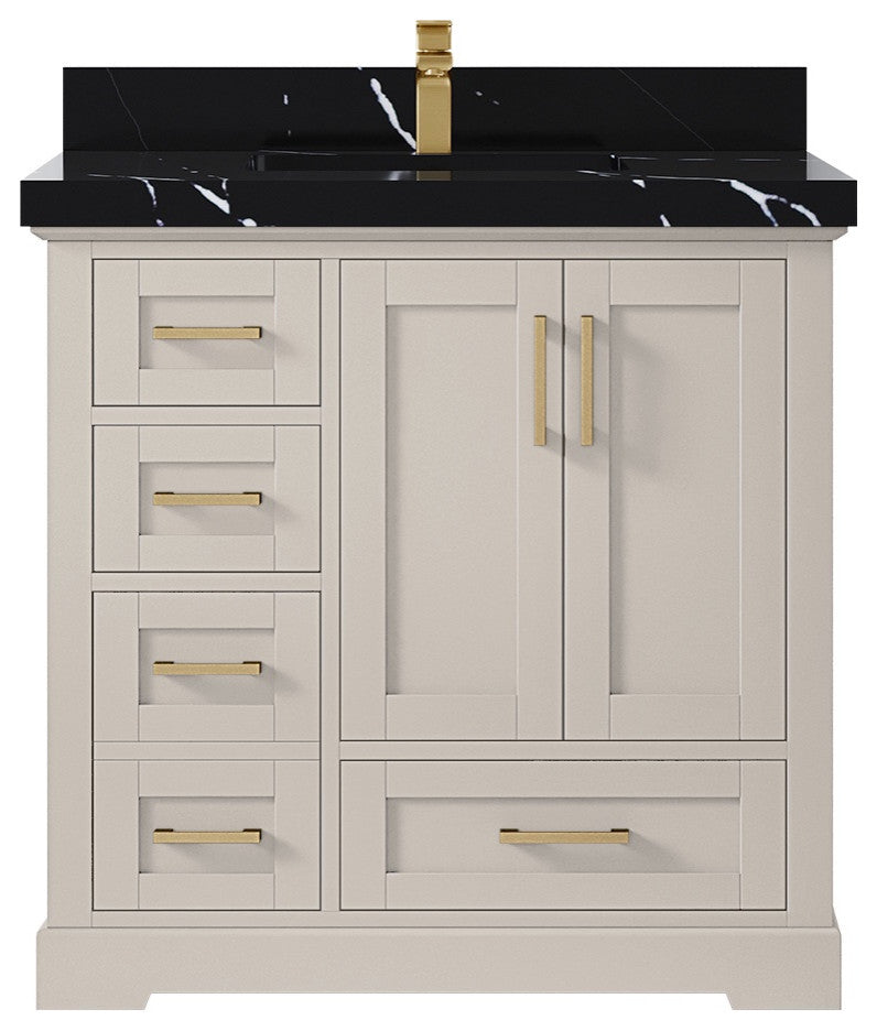 Boston 36" Center Sink Bath Vanity in Fine Grain 2" Calacatta Black