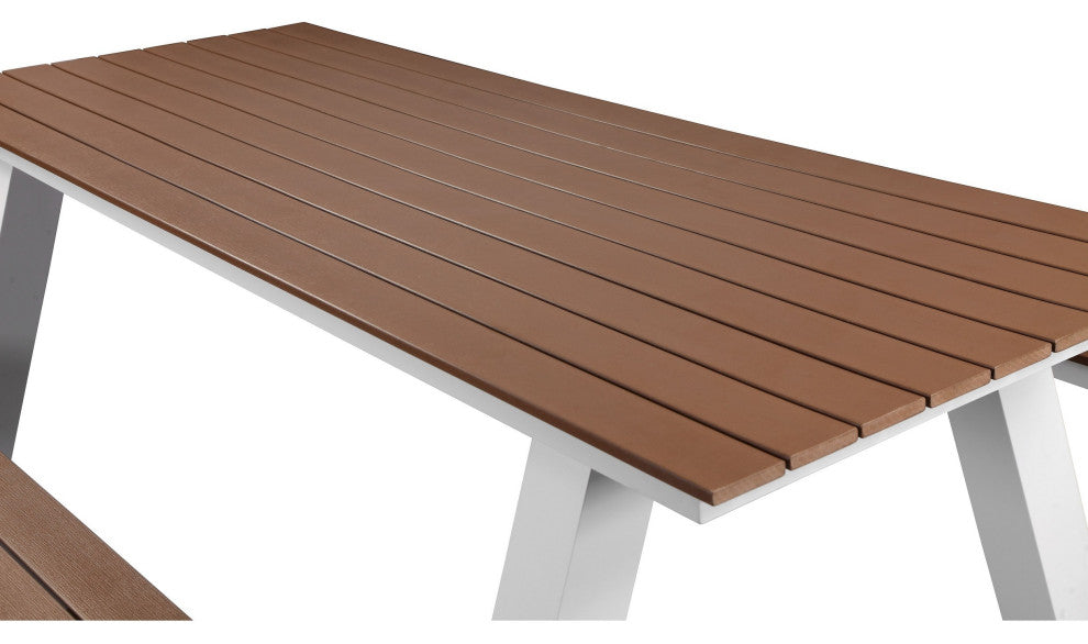 Benzara BM287777 Picnic Table, Rich Brown Polyresin Slats, Aluminum Frame