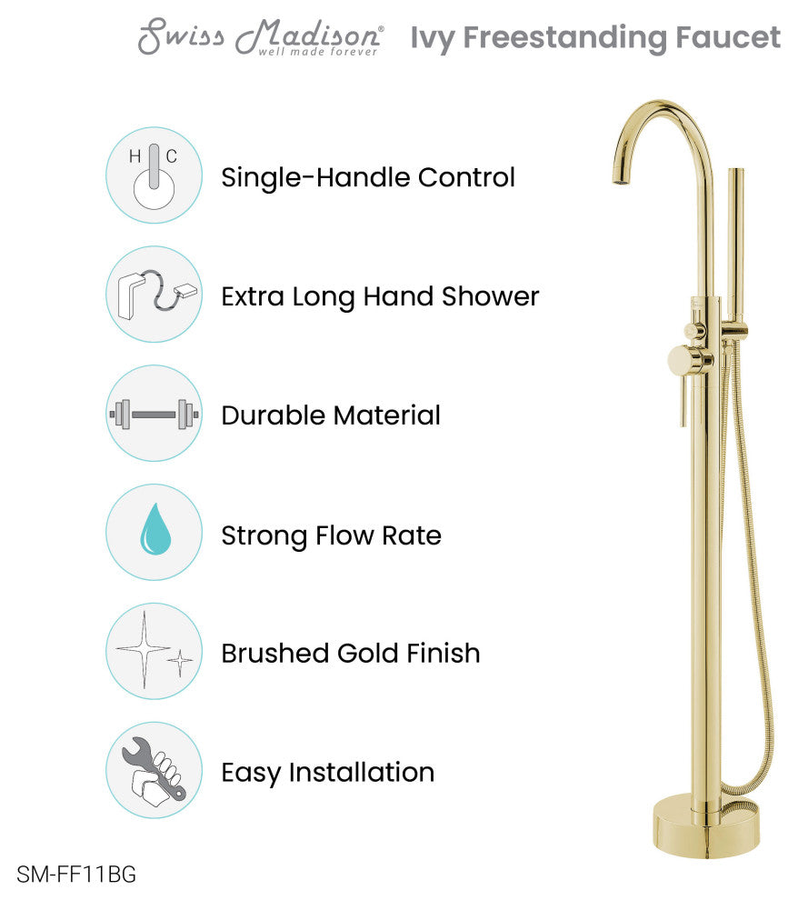 Ivy Freestanding Bathtub Faucet, Brushed Gold