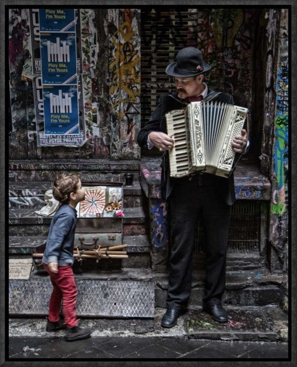"The Busker And The Boy" Framed Canvas Giclee by Vince Russell, 14x17"