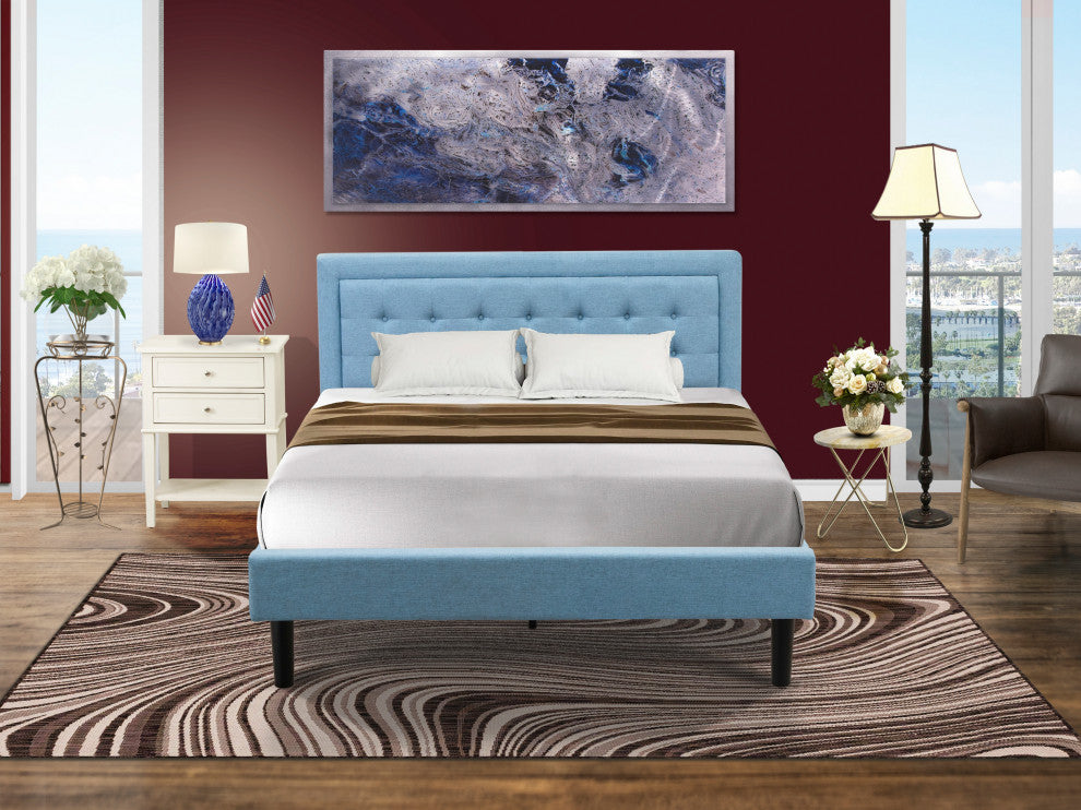 2Pc Platform Queen Bed Set, 1 Queen Wood Bed Frame, Night Stand, Denim Blue