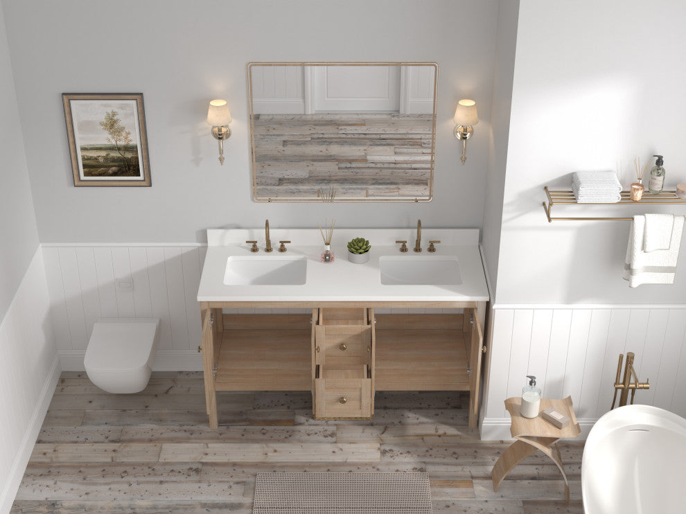 Modern Light Oak Sera Bathroom Vanity With White Quartz Top, 60" Double Sink
