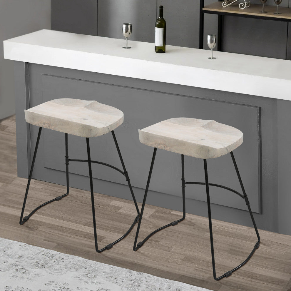24" Backless Counter Stool Whitewashed Mango Wood Saddle Seat Black Metal