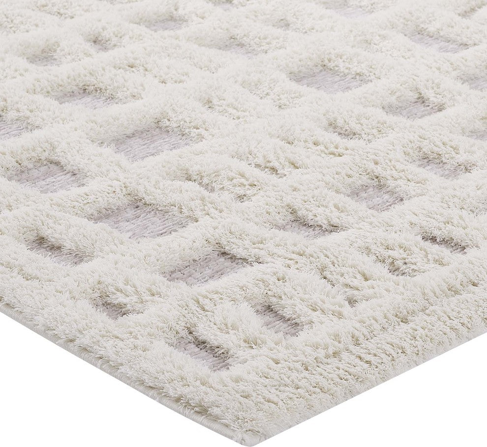 Ladder Abstract Plaid Lattice 5x8 Shag Area Rug Ivory and Light Gray