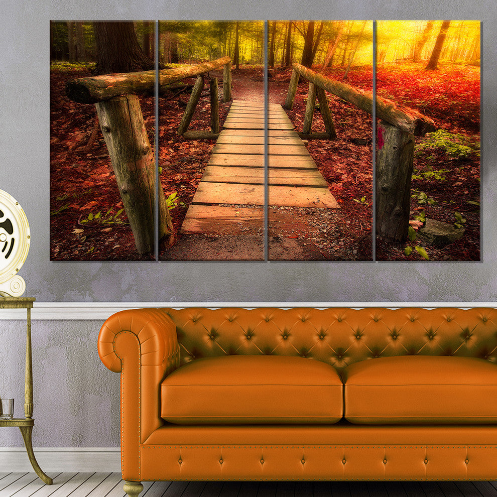 Beautiful Footbridge in Golden Light, Bridge Canvas Art Print, 48"x28", 4 Panels