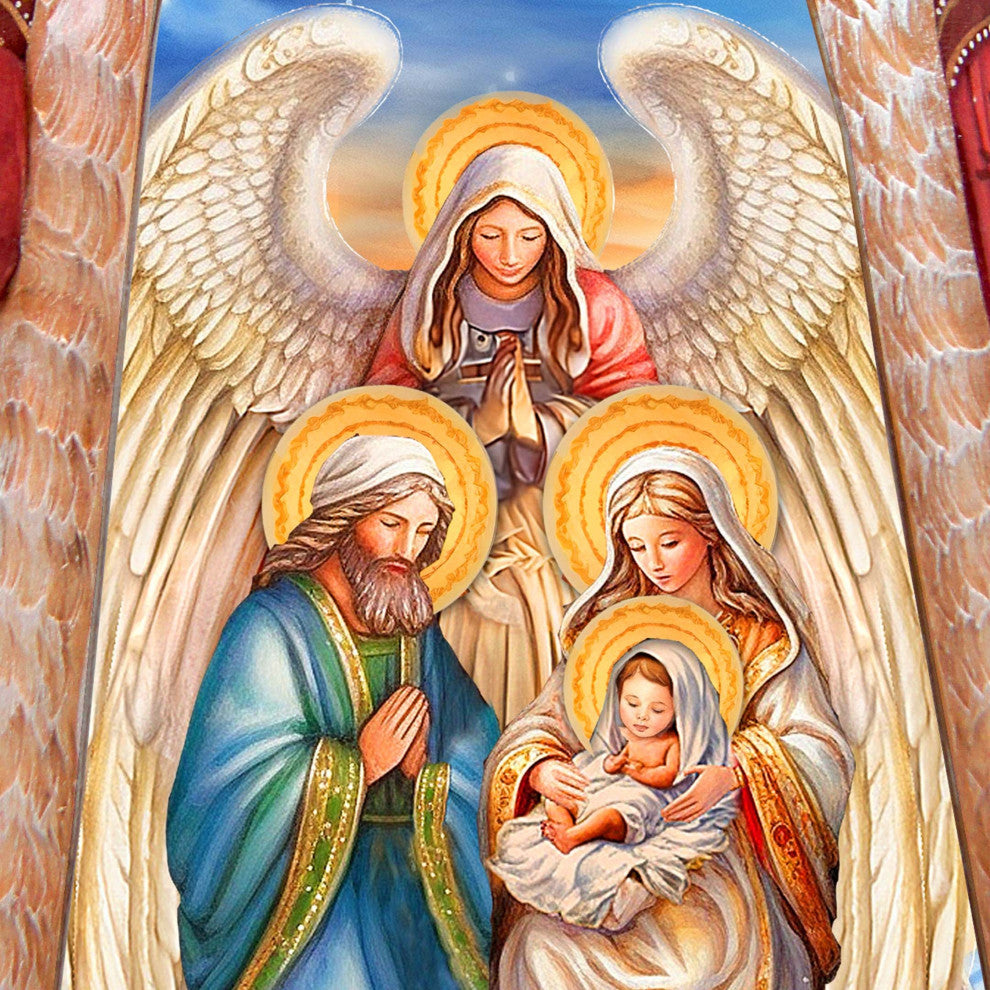 Nativity with Angel Santa Hand-Painted Wood Carved Masterpiece by G. DeBrekht
