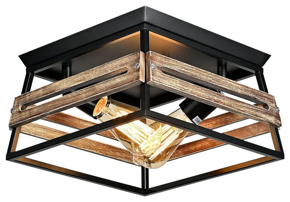 2 Light Semi Flush Mount Ceiling Light Fixture, Farmhouse, Wood