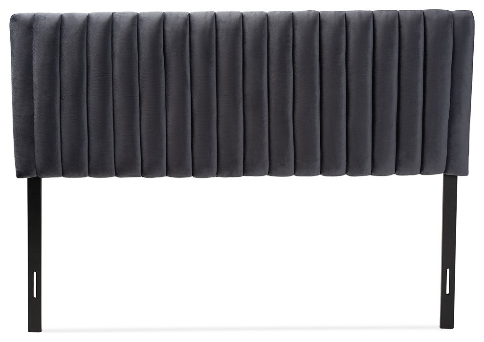 Gray Velvet Fabric Upholstered and Dark Brown Finished Wood King Size Headboard