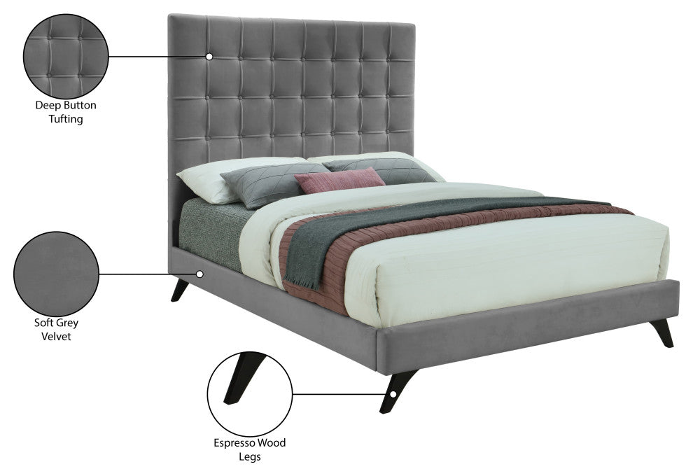 Elly Velvet Upholstered Bed, Gray, Queen