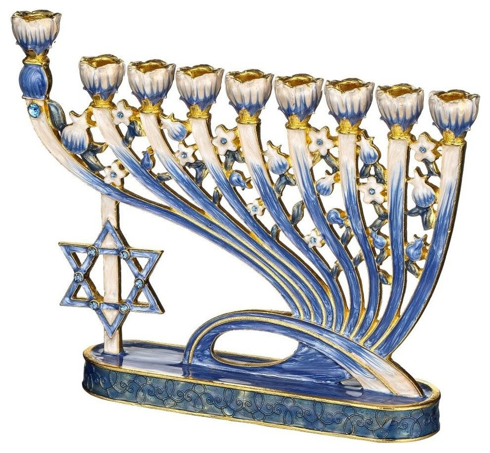 Hand Painted Blue Enamel Menorah Candelabra With Star of David