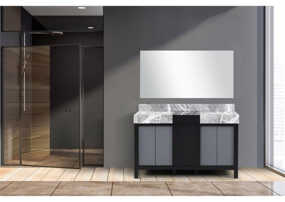 Lexora Home Zilara 55" Double Marble Top Bathroom Vanity with Mirror in Black