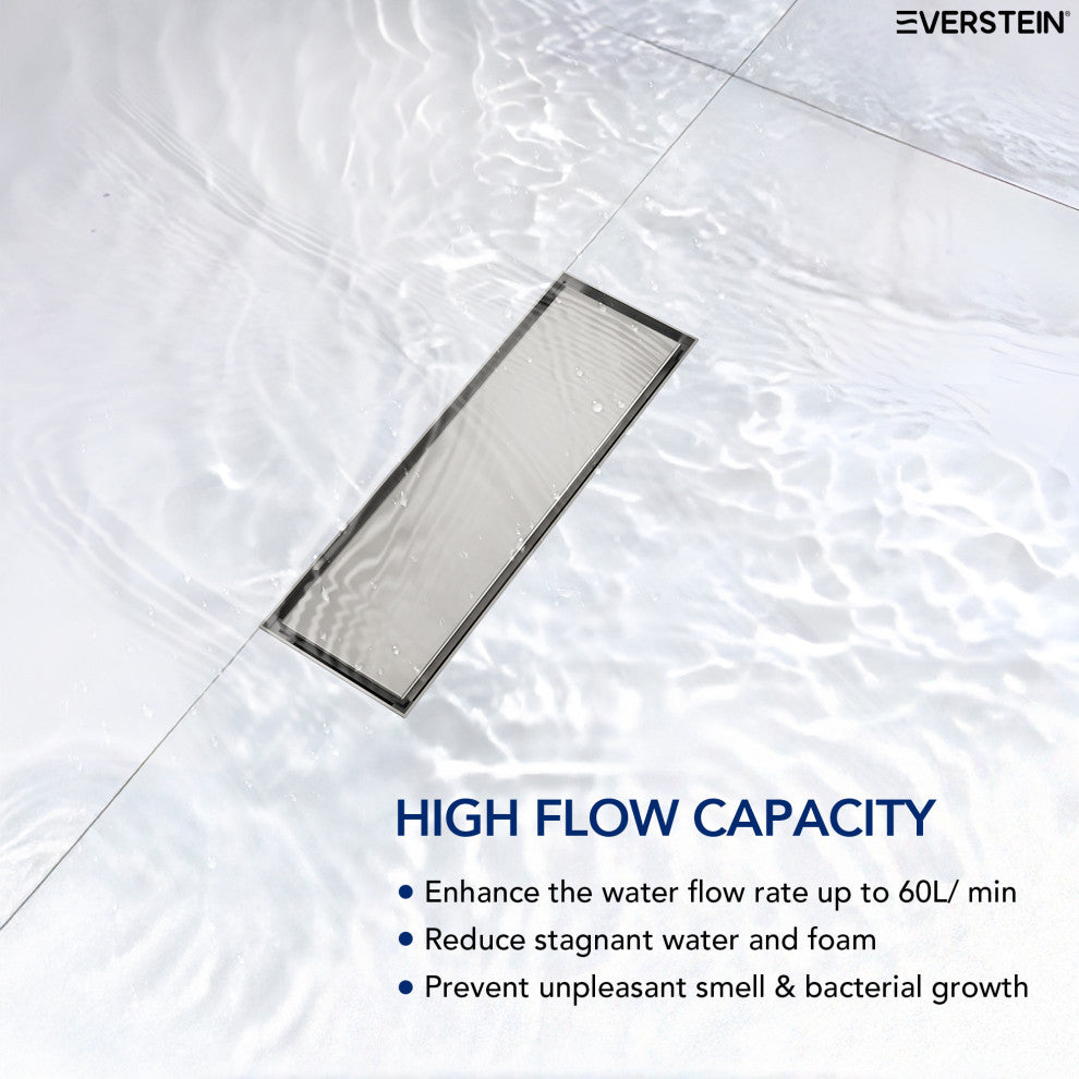 Linear Shower Drain with Hair Strainer and Reversible Tile Insert Cover, Brushed Nickel